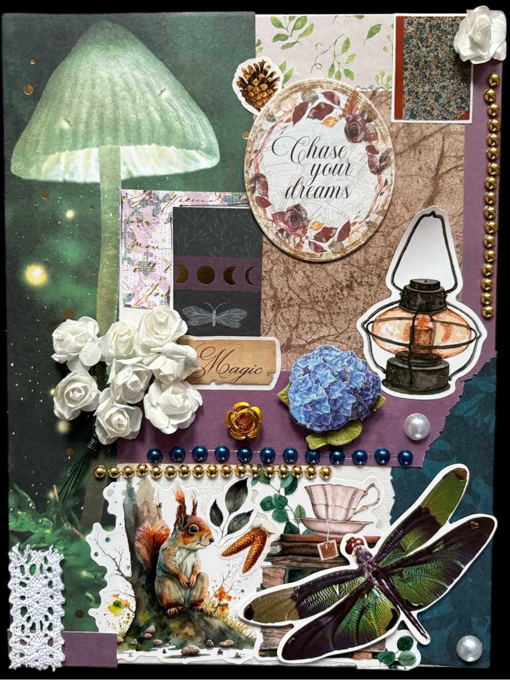 Handmade Collage Art Panel — Green Mushroom & Nature Elements